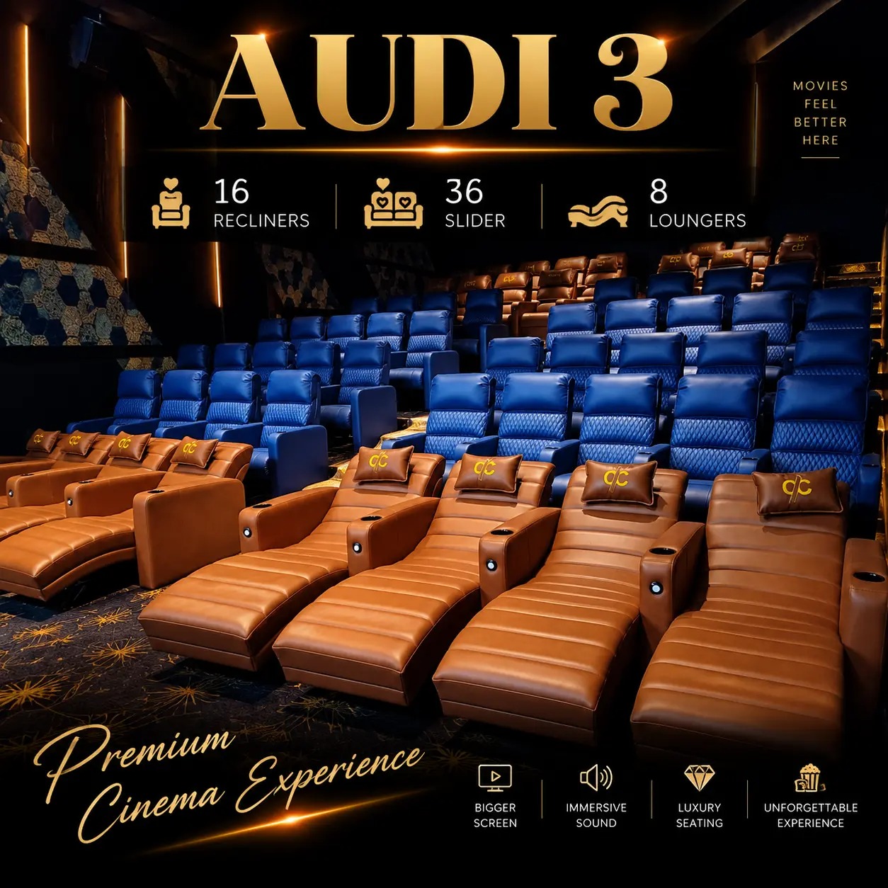 Comfortable recliner seats inside Clexa Cinema Ahmedabad